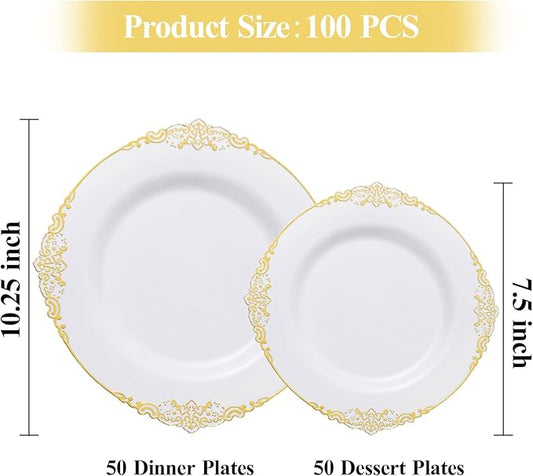 100 PCS White and Gold Plastic Plates for 50 Guests, Gold Disposable Plates Include 50 PCS Dinner Plates, 50 PCS Dessert Plates for Party, Wedding and Graduation