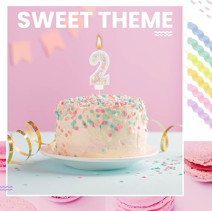 MTLEE Number 2 Birthday Candle with 12 Pcs Spiral Candles for Girls Macaron Pastel Rainbow Unicorn Pink Cake Topper for Sweet Theme Party Decoration