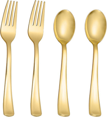N9R 200PCS Gold Plastic Silverware, Heavy Duty Disposable Cutlery Set for Parties, gold forks and spoons disposable Includes 100 Gold Spoons and 100 Forks for Weddings, Birthday, Dinners