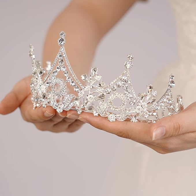 Wekicici Baroque Queen Crown Silver Crystal Tiara Rhinestone Princess Wedding Headband for Women Birthday Pageant Party(Silver)