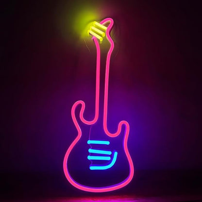 Guitar Neon Sign Light, On/Off-Switch Neon Sign for Wall Decor, LED Light Sign for Bedroom Decor, Girls Room, Christmas Gifts, Bar, Party, Wedding, Easily-Install with Hooks, Chain, Adaptor (14"x6")