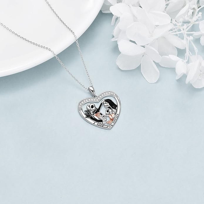 LILALO Christmas Gifts Nightmare Necklace Sterling Silver Abalone Shell Crystal Jack and Sally Necklace Jack Skellington Skull Jewelry Skull Necklaces for Women