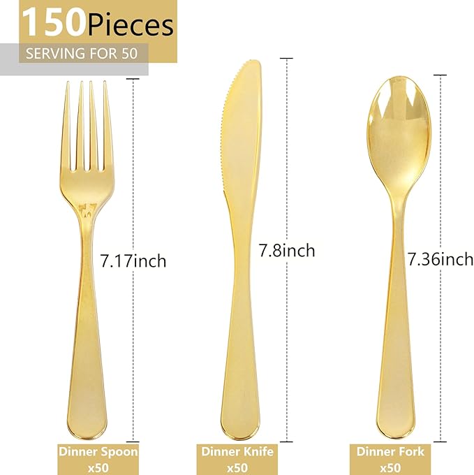 150 PCS Gold Plastic Silverware - Gold Plastic Flatware Disposable - Heavy Duty Disposable Utensils Sets Includes 50 Forks, 50 Spoons, 50 Knives for Christmas Party Wedding