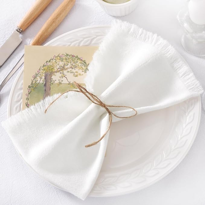 12 Pack Ivory White Cotton Linen Napkins with Fringe Christmas White Cloth Napkins Set of 12 Boho Handmade Holiday Napkins Bulk for Wedding Baby Shower Parties, 17 x 17 Inches