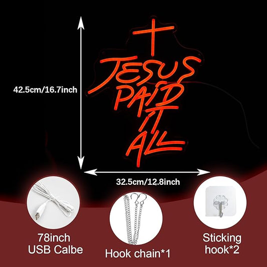 Jesus Paid It All Neon Sign Red Cross Neon Light for Wall Decor Dimmable Jesus Cross LED Light Up Sign for Christian Church Christams Home Wedding Decor Birthday Gifts(16.7 * 12.8In)