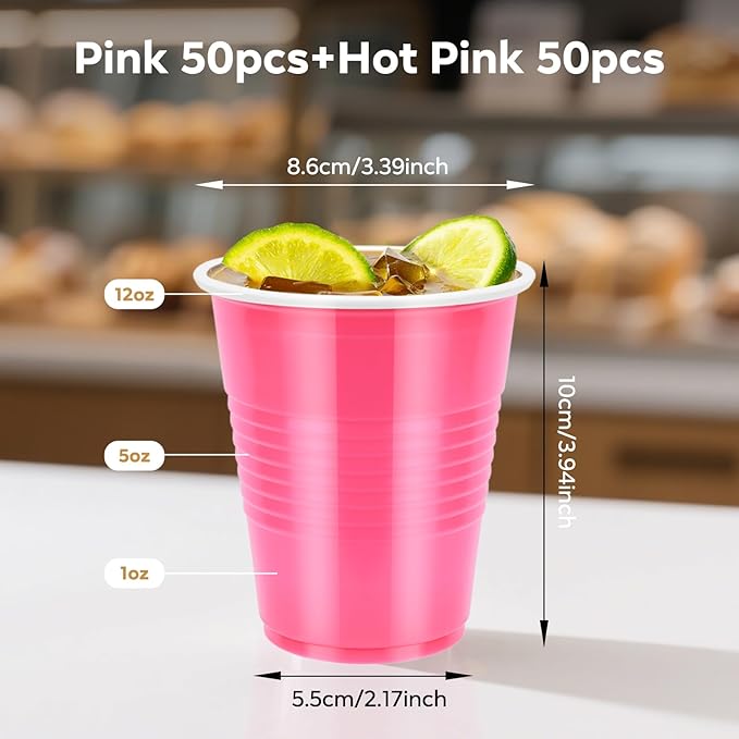 100PCS Pink Plastic Cups, 12oz Disposable Party Cups Bulk Pack, BPA Free Drinkware for Soda Juice Beer Cold Drinks Suitable for Wedding Halloween Thanksgiving Christmas Birthday Holiday Celebrations