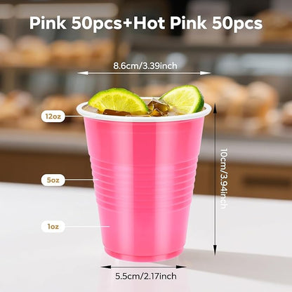 100PCS Pink Plastic Cups, 12oz Disposable Party Cups Bulk Pack, BPA Free Drinkware for Soda Juice Beer Cold Drinks Suitable for Wedding Halloween Thanksgiving Christmas Birthday Holiday Celebrations