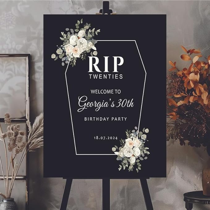 RIP Twenties 30th Birthday Party Welcome Sign, Personalized Funeral for My Youth Custom Decor, Modern Coffin Coffin Frame Floral Welcome Board.