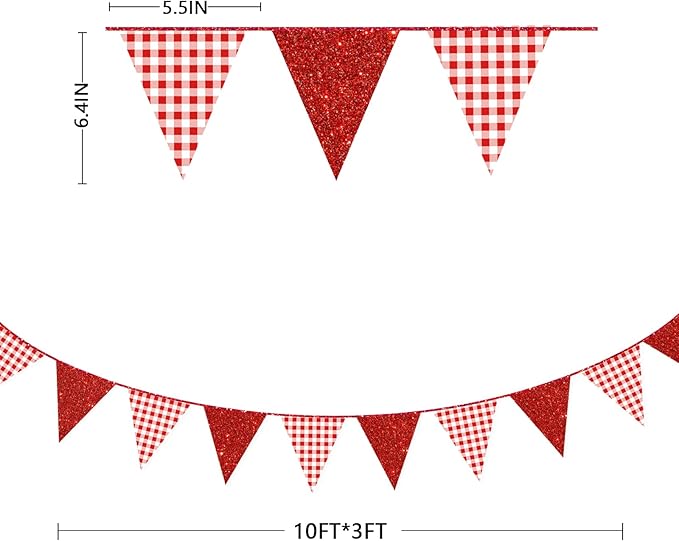 Red Buffalo Plaid Party Decorations Pennant Banner Flag Hanging Red Glitter Paper Triangle Bunting for Birthday Anniversary Baby Shower Wedding Bridal Shower Christmas Holiday Party Decor Supplies