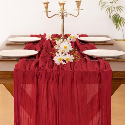 Socomi 3pcs Red Fall Thanksgiving Cheesecloth Table Runner Boho Rustic Gauze 120 inch 10FT Cheese Cloth Runner for Wedding Party Baby Shower Birthday Home Decor Holiday Decorations