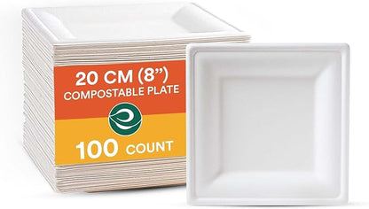 ECO SOUL Compostable Paper Plates 8 Inch (100 Count) Heavy Duty Disposable Plates For Thanksgiving dinner & Parties| Eco-Friendly Sugarcane Bagasse Plates.