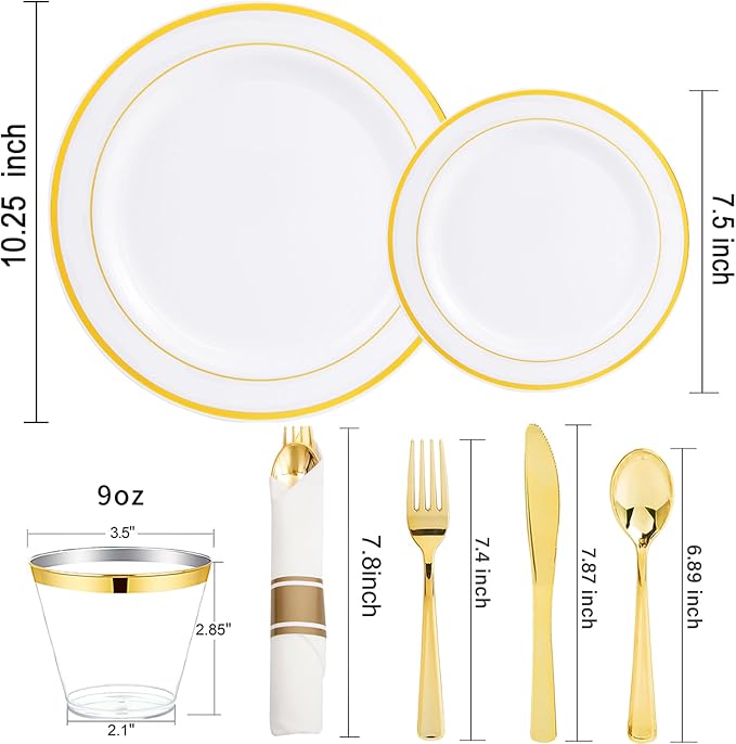 WELLIFE 700 Pcs Gold Plastic Plates for 100 Guests - Disposable Dinnerware Set,Christmas Party Supplies Includes 200 Gold Plates,300 Plastic Silverware,100 Napkins,100 Cups for Party and Christmas