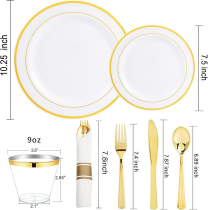 WELLIFE 700 Pcs Gold Plastic Plates for 100 Guests - Disposable Dinnerware Set,Christmas Party Supplies Includes 200 Gold Plates,300 Plastic Silverware,100 Napkins,100 Cups for Party and Christmas