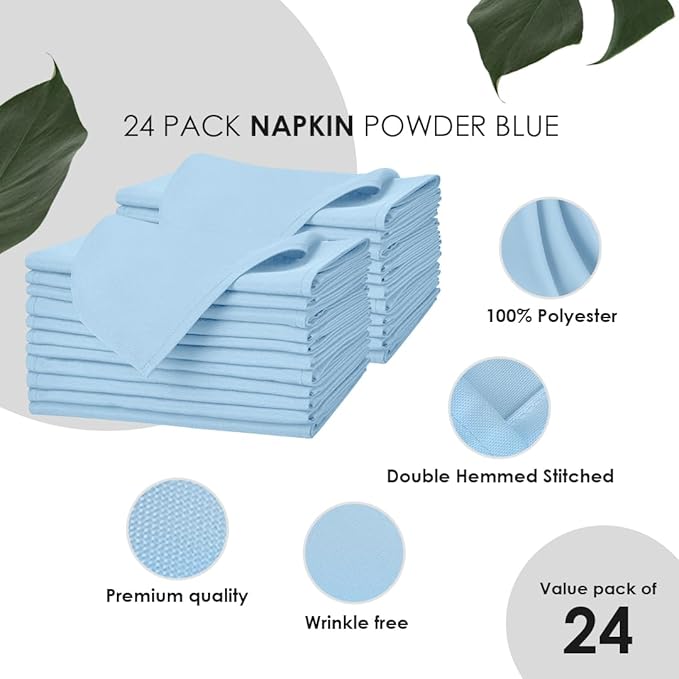 Cloth Napkins Pack of 24 - Light Blue Napkins 17x17 Inches Linen Napkins - 100% Polyester Dinner Napkins Durable and Absorbent with Hemmed Edges Ideal for Parties and Wedding