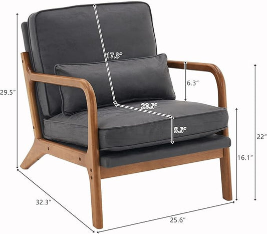 Bonnlo Microfiber Dark Grey Mid Century Modern Accent Chair, Soild Wood Padding Lounge Armchairs Side Sitting Chairs for Living Room, Bedroom, Guest Room