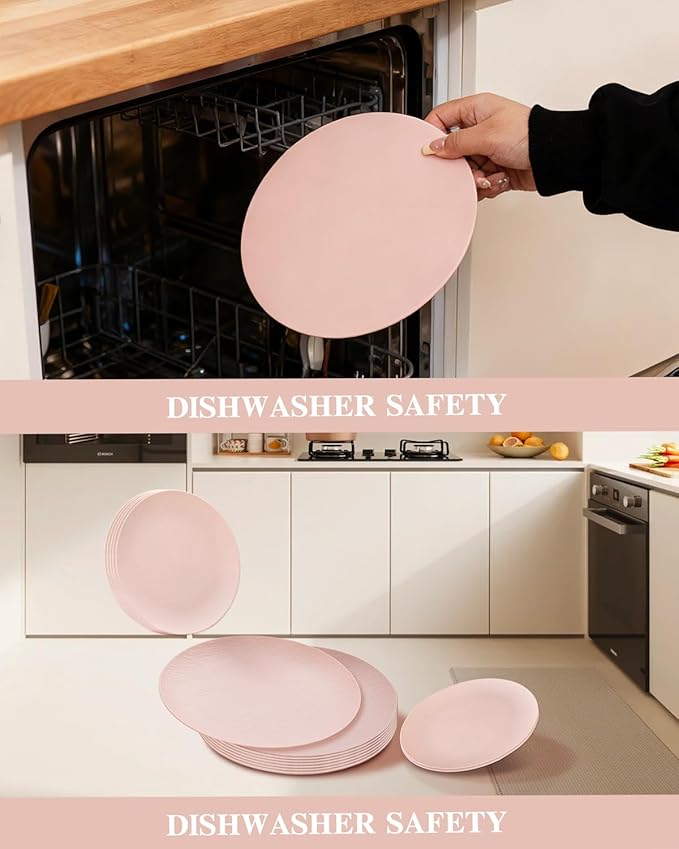 WONDERFUL 32pcs Pink Plastic Plates - Unbreakable and Reusable Pink Plates Dishwasher safe Dishes Set Includes:16 Dinner Plate 10" and 16 Dessert Plate 7.3" for Wedding Thanksgiving Christmas
