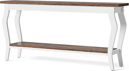 LITTLE TREE 70.9 Inches Long Console Table, 2-Tier Vintage Wooden Sofa Table Behind The Couch with Metal Legs for Hallway, Entryway, Living Room, Brown & White
