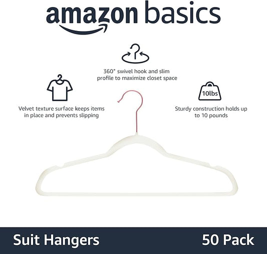 Amazon Basics Slim Velvet Non-Slip Space Saving Suit Clothes Hangers, Closet Organizer, Sturdy Construction, Ivory/Rose Gold, 50-Pack