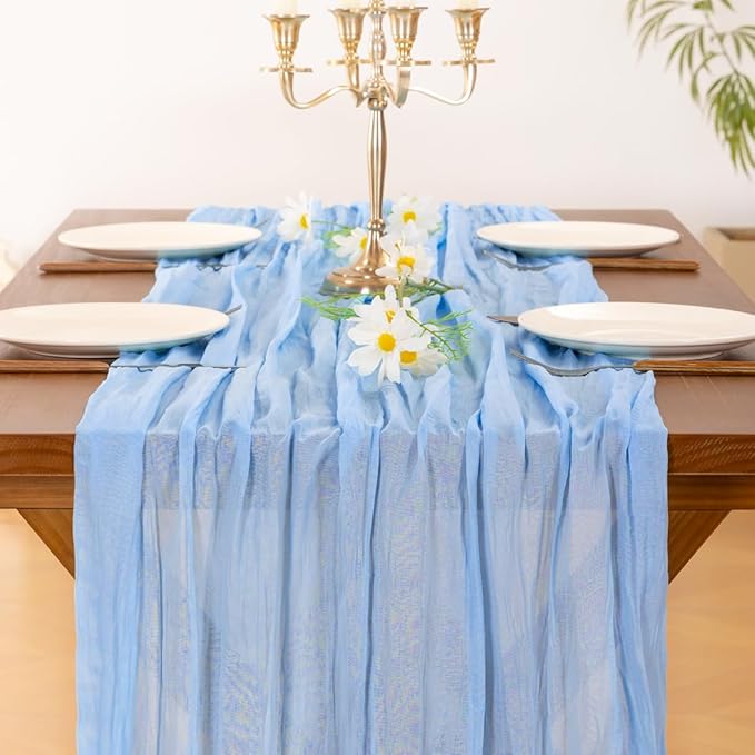 Socomi 3pcs Blue Fall Thanksgiving Cheesecloth Table Runner Boho Rustic Gauze 120 inch 10FT Cheese Cloth Runner for Wedding Party Baby Shower Birthday Home Decor Holiday Decorations