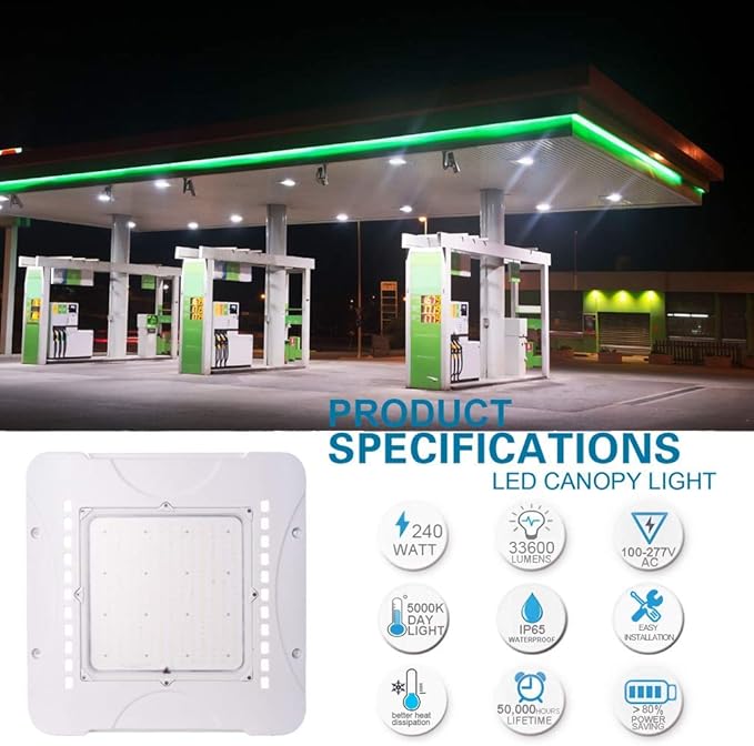 LED Canopy Lights 240W 33600 Lumens 5000K Daylight White 850W HID/MH Equivalent,Die Cast Aluminum Waterproof IP65,Commercial Area & Outdoor Lighting,Ceiling Lighting Fixtures (5 Pack)