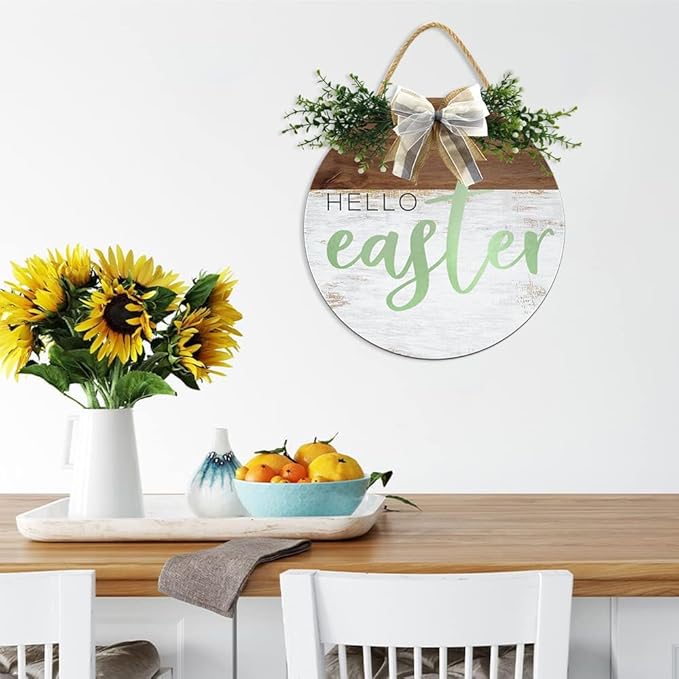 Boylee Easter Wooden Hanging Sign Hello Easter Sign Door Decoration with Bow Rustic Easter Wood Wreath Sign for Easter Spring Holiday Home Coffee Shop Bakery Farmhouse Window