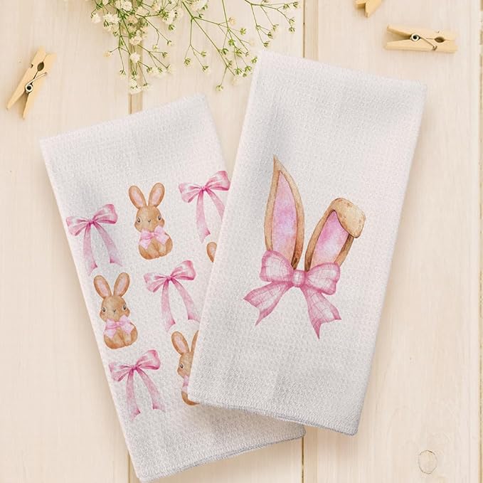 Coquette Pink Bow Easter Bunny Kitchen Towels Set of 2, CuteEaster Hand Towels, Easter Bunny Ears Dish Towels Dishcloths Tea Towels for Kitchen, EasterKitchen Bathroom Decor, 16x24 Inch