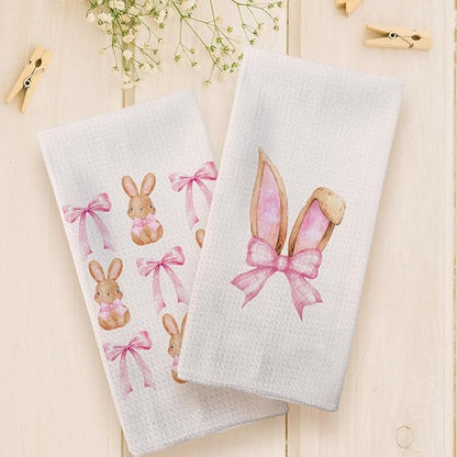 Coquette Pink Bow Easter Bunny Kitchen Towels Set of 2, CuteEaster Hand Towels, Easter Bunny Ears Dish Towels Dishcloths Tea Towels for Kitchen, EasterKitchen Bathroom Decor, 16x24 Inch