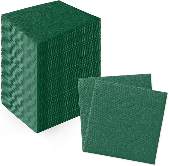 PAW - 100-Pack Disposable Linen-Feel Cocktail Napkins 4" x 4", Dark Green Premium Paper Desert Napkins for Parties, Events, Elegant Cloth-Like Beverage Napkins For Bars, Restaurants, Catereres