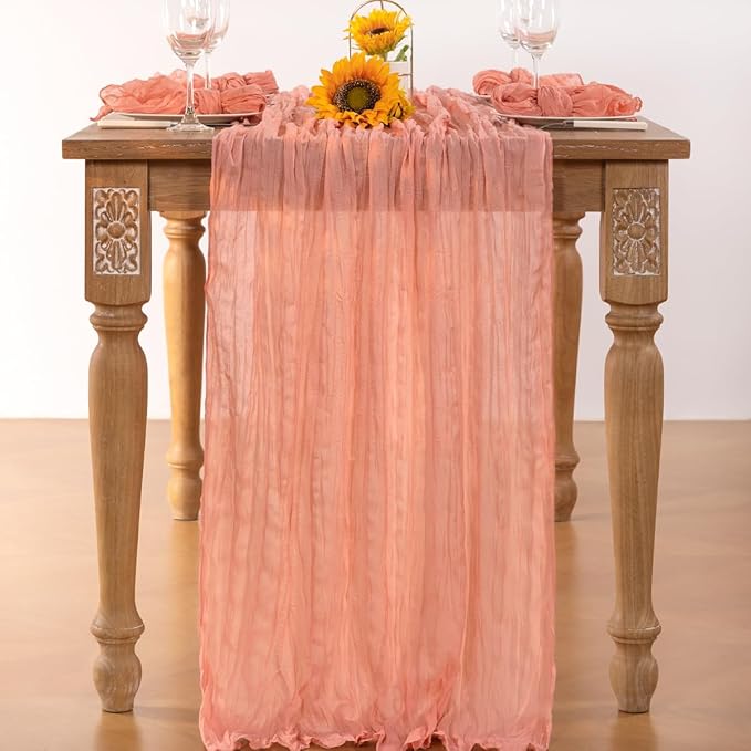 Coral Pink Cheesecloth Table Runner 6 Pack Christmas Table Runners Boho Gauze 120 Inches Coral Cheese Cloth Table Decor for Xmas Holiday Season Parties Wedding Bridal Baby Shower