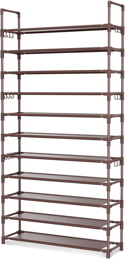 LANTEFUL 11 Tiers Tall Shoe Rack Holds 55 Pairs of Shoes with 18pcs Hooks Sturdy Wide Shoe Organizer Storage Free Standing Metal Shoe Shelf for Closet, Entryway Brown