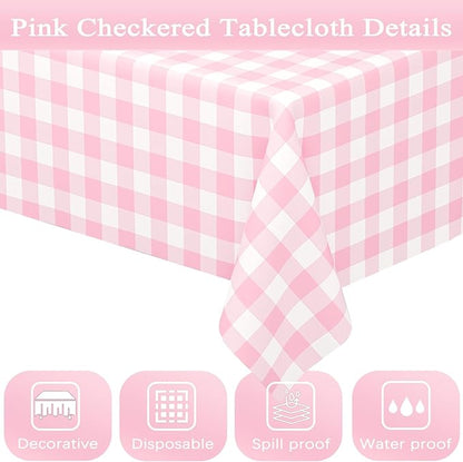4 Pack Pink Gingham Tablecloth Rectangular Pink and White Checkered Tablecloths Disposable Plastic Pink Plaid Table Cover for Parties, Outdoor Picnic, Birthday, Wedding, Camping 54 × 108 Inch