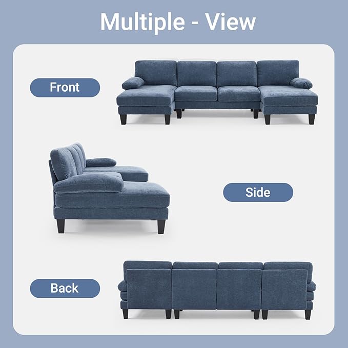 VINGLI 110" Sectional Couches for Living Room,U Shaped Couch with Double Chaise, 4-Seat Sofa Set with Corduroy Fabric for Home Furniture,Ocean Blue