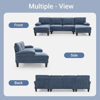 VINGLI 110" Sectional Couches for Living Room,U Shaped Couch with Double Chaise, 4-Seat Sofa Set with Corduroy Fabric for Home Furniture,Ocean Blue
