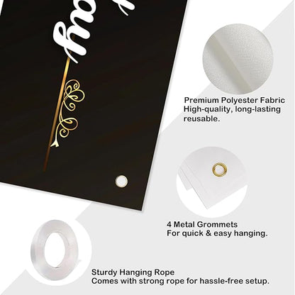 Nuxovilar Happy Birthday Banner Decorations 17.72x78.74 Inch Black Gold Balloon Theme - Polyester for Indoor Outdoor Birthday Party Decor