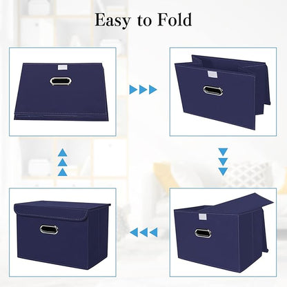 STOREONE Fabric Storage Cube Bins Foldable Organizer Container Collapsible Basket with Lids and Metal Handles, for Home, Bedroom, Closet 3 Pcs (Navy Blue)