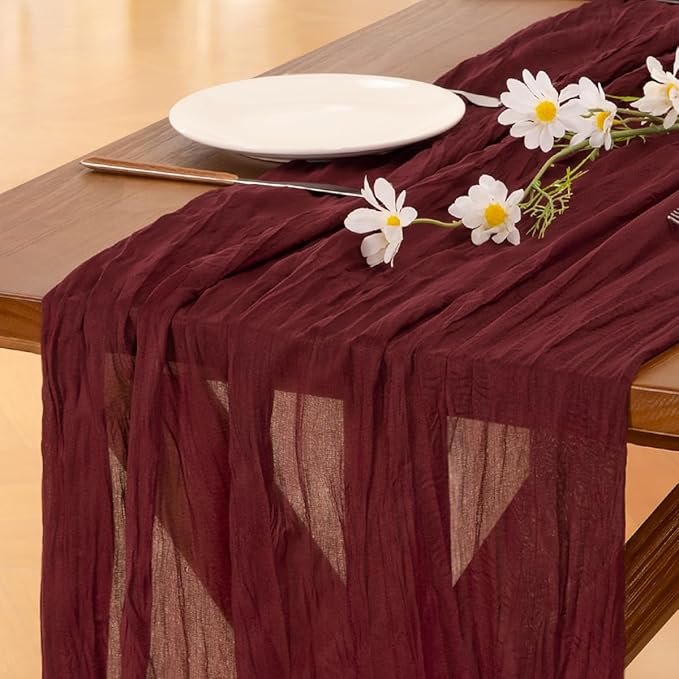 Socomi Burgundy Red Christmas Table Runner 3pcs Cheesecloth Boho Rustic Gauze 120 inch 10FT Cheese Cloth Runner for Wedding Party Baby Shower Birthday Home Decor Holiday Decorations