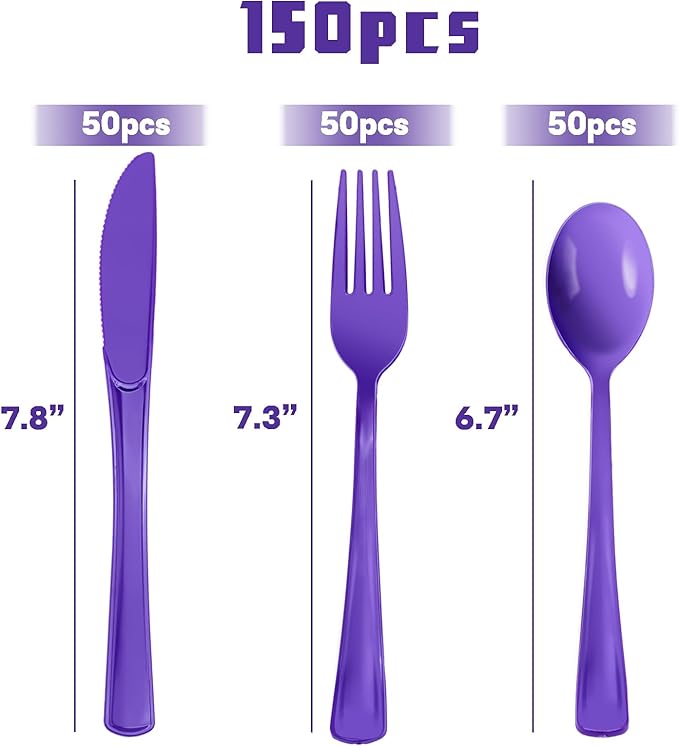 150 Pcs Purple Plastic Silverware Heavy Duty Purple Plastic Cutlery Sets Includes 50 Forks, 50 Spoons, 50 Knives Disposable for Birthday, Graduation Party, Dinner