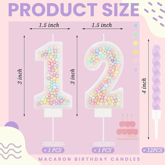 MTLEE Number 12 Birthday Candle with 12 Pcs Spiral Candles for Girls Macaron Pastel Rainbow Unicorn Pink Cake Topper for Sweet Theme Party Decoration