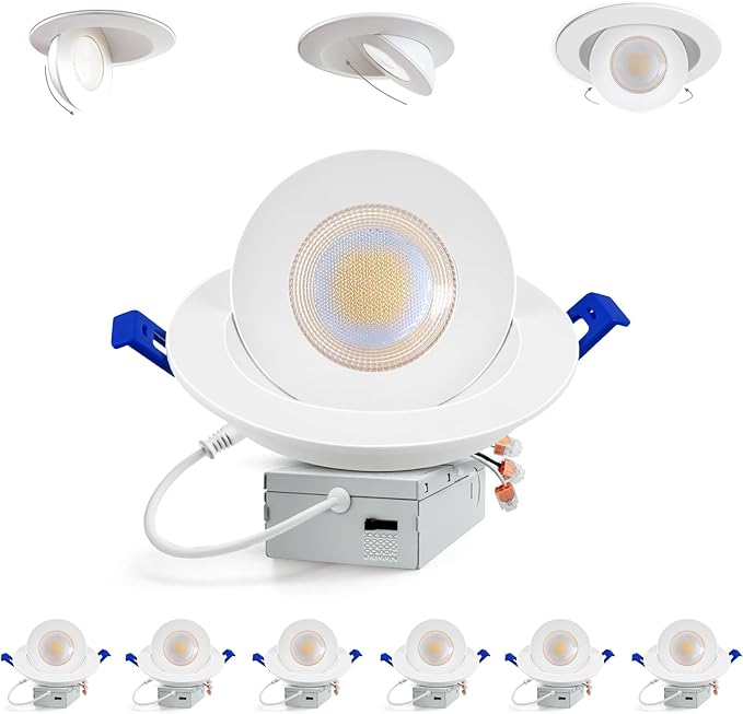 Adetu Led Recessed Lighting 6 inch, 360°+90° Adjustable Directional Gimbal 6 inch Led Recessed Light, 2700K-5000K 5CCT Dimmable Retrofit Eyeball Can Recessed Lights with Jbox, ET (White, 6 Pack)