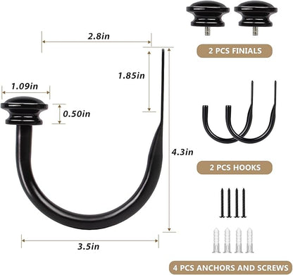 TONIAL Curtain Holdbacks 2 Pack, Decorative Window Drapery Tiebacks for Wall with Small Finials (1 Pair/2 Pack), Black