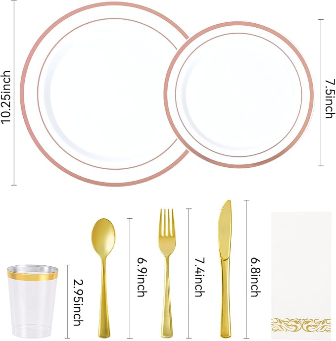350 Pieces Rose Gold Disposable Plates for 50 Guests, Disposable Plastic Plates, Dinnerware Set of 50 Dinner Plates, 50 Salad Plates,50 Cups and 50 Paper Napkins for Party, Wedding, Celebration