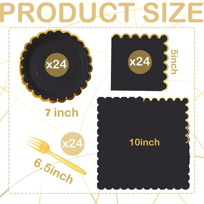 black & gold scalloped party plates with napkins and fork gold foil border, 24 Guest Black disposable Tableware Set Party Decoration for Birthday Coquette Bridal Baby Shower Valentines