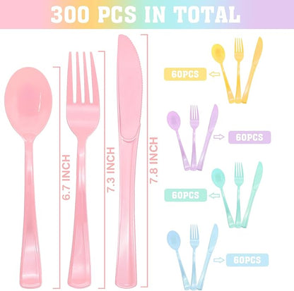300 PCS Pastel Plastic Silverware, Iridescent Utensils Plastic Silverware, 5 Macaron Colors Pastel Party Supplies Includes 100 Forks 100 Knives 100 Spoons for Birthday, Garden Party, Wedding
