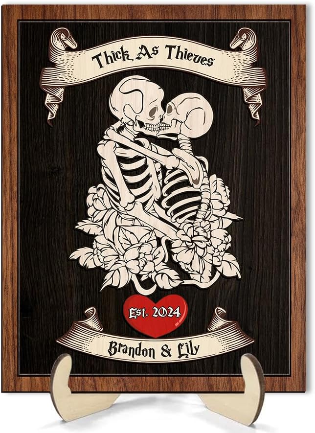 Personalized Couple Skeleton Wooden Sign, Ghost Couple Gift, Halloween Skeletons Wedding Frame Sign, Gothic Decor Sign, Wood Sign Valentine Birthday Gifts for Him Her Boyfriend Bridal Party a11