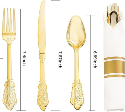 Nervure 400PCS Pre Rolled Gold Plastic Silverware Sets - Heavy Duty Fancy Gold Cutlery - Include 100 Pack Wrapped Disposable Utensils with Napkins for Parties, Dinners & Weddings