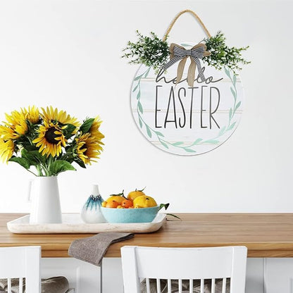 Boylee Easter Wooden Hanging Sign Hello Easter Sign Door Decoration with Bow Rustic Easter Wood Wreath Sign for Easter Spring Holiday Home Coffee Shop Bakery Farmhouse Window