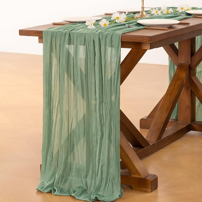 Socomi 10pcs Sage Green Cheesecloth Table Runner Fall Thanksgiving Boho Rustic Gauze 120 inch 10FT Cheese Cloth Runner for Wedding Party Baby Shower Home Decor Holiday Decorations