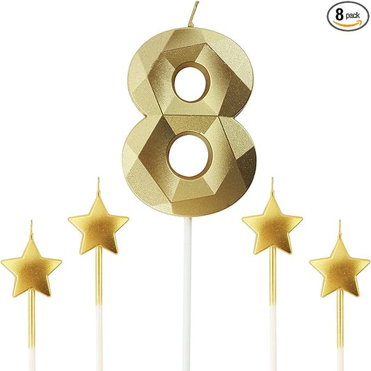 Golden Number 8 Birthday Candles and Star Birthday Candles 2.76 inch Birthday Cake Candles 3D Diamond Shaped Candles are Suitable for Birthday Parties and Anniversary Cake Decorations Candles(Gold 8)