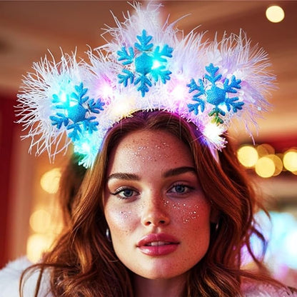 GORTIN Light up Snowflake Christmas Headbands LED Xmas Headpiece White Feather Glowing Hair Band Holiday Hair Accessories for Women and Girls