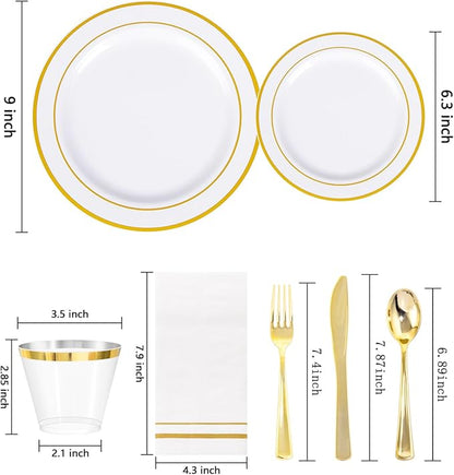 GATHER 350PCS Gold Plastic Plates - White and Gold Disposable Plastic Dinnerware Set Include 50 Dinner Plates, 50 Dessert Plate, 150 Silverware, 50 Napkins, 50 Cups for Party & Wedding & Christmas
